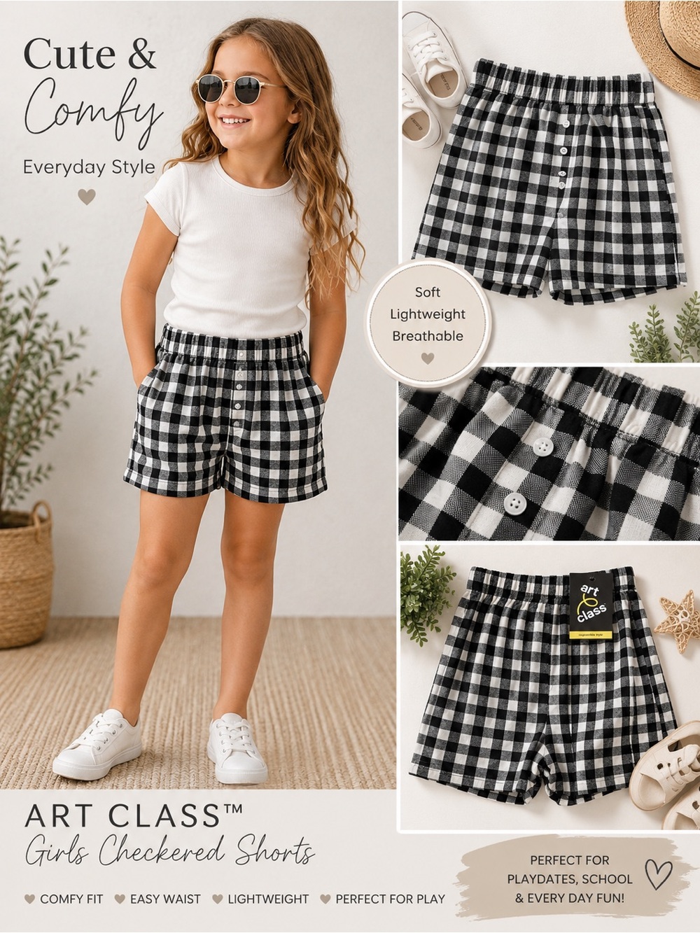 art class Black & White Checkered Girls' Shorts